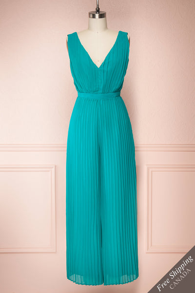 Segoleny Turquoise Pleated Wide Leg Jumpsuit | Boutique 1861 front view
