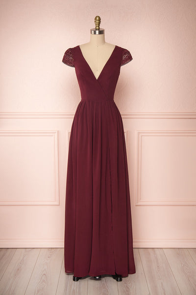 Senji Burgundy Chiffon & Lace Wrap-Style Gown | Boudoir 1861