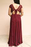 Senji Burgundy Chiffon & Lace Wrap-Style Gown | Boudoir 1861 model back