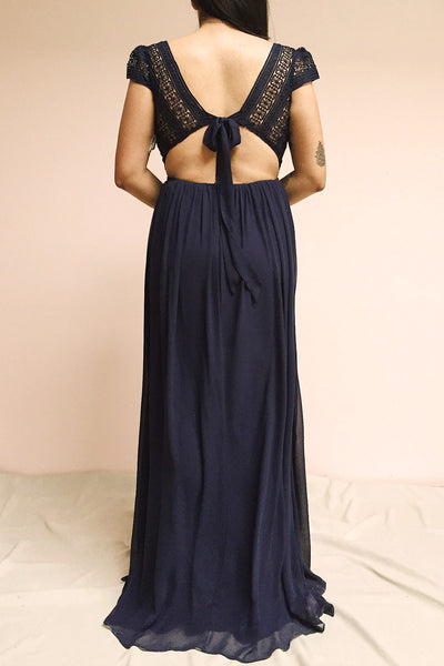 Senji Navy Blue Chiffon & Lace Wrap-Style Gown | Boudoir 1861 model back