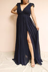 Senji Navy Blue Chiffon & Lace Wrap-Style Gown | Boudoir 1861 on model