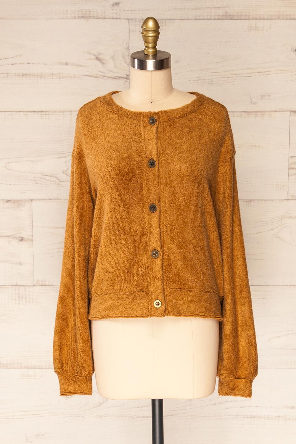 Set Diez Brown Textured Dress & Cardigan | La petite garçonne top front view 