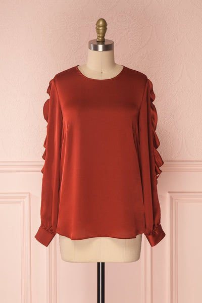 Shadey Red Ochre Silky Long Ruffled Sleeve Loose Top | Boutique 1861