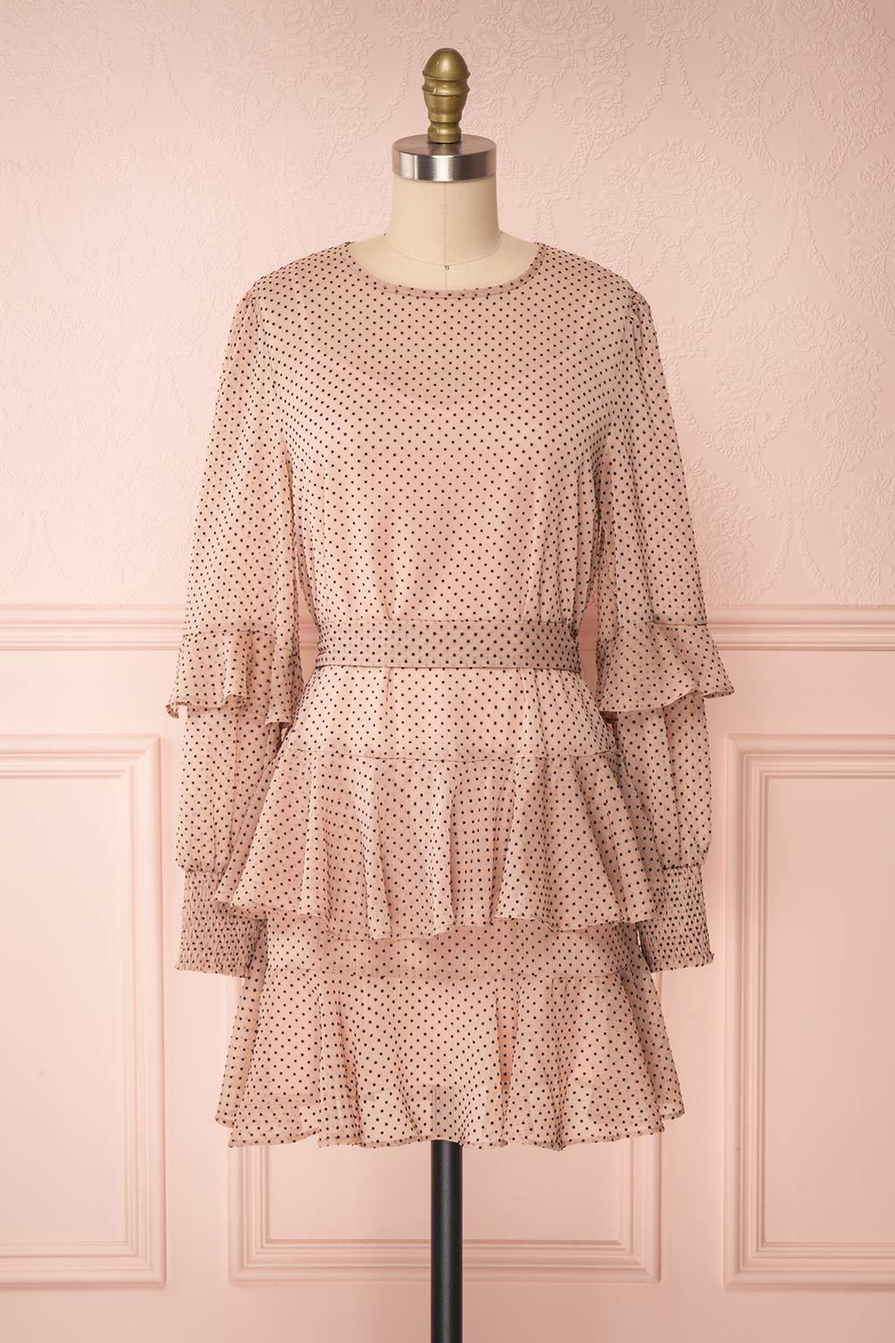 Shigeo Light Pink Polka Dot Dress w/ Ruffles front view | Boutique 1861