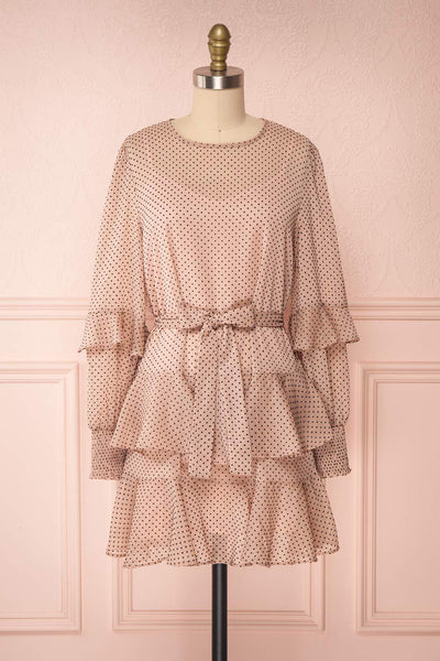 Shigeo Light Pink Polka Dot Dress w/ Ruffles front view bow | Boutique 1861
