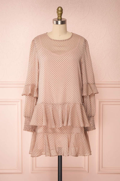 Shigeo Light Pink Polka Dot Dress w/ Ruffles front view loose | Boutique 1861