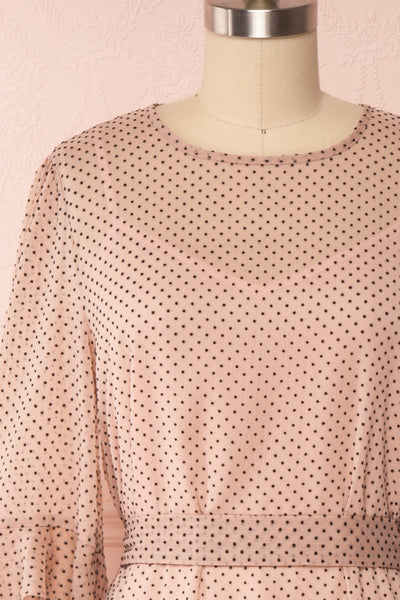 Shigeo Light Pink Polka Dot Dress w/ Ruffles front close up | Boutique 1861