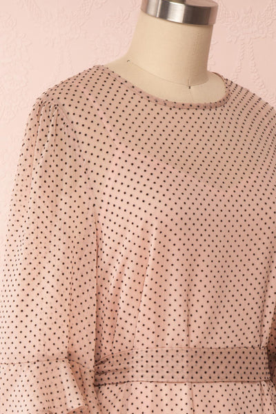 Shigeo Light Pink Polka Dot Dress w/ Ruffles side close up | Boutique 1861