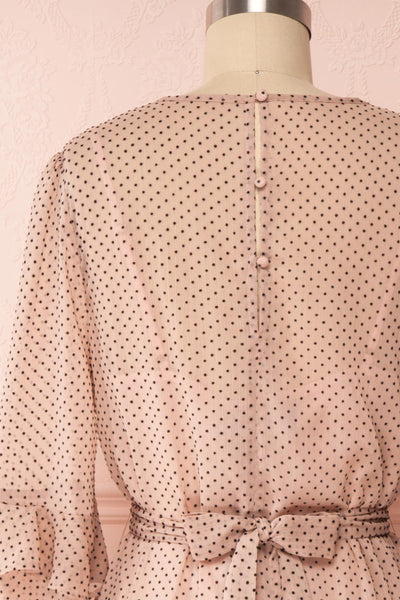Shigeo Light Pink Polka Dot Dress w/ Ruffles back close up | Boutique 1861