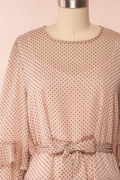 Shigeo Light Pink Polka Dot Dress w/ Ruffles front close up bow | Boutique 1861
