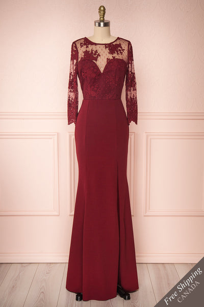 Shimi Burgundy Floral Embroidered Mermaid Gown face view | Boudoir 1861