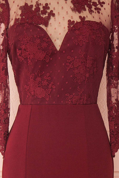 Shimi Burgundy Floral Embroidered Mermaid Gown texture close up | Boudoir 1861