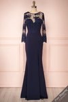 Shimi Navy Blue Floral Embroidered Mermaid Gown face view | Boudoir 1861