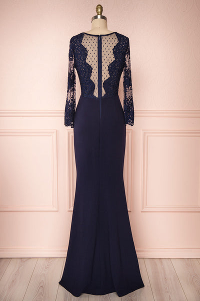 Shimi Navy Blue Floral Embroidered Mermaid Gown back view | Boudoir 1861
