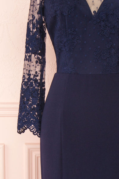 Shimi Navy Blue Floral Embroidered Mermaid Gown sleeve close up | Boudoir 1861
