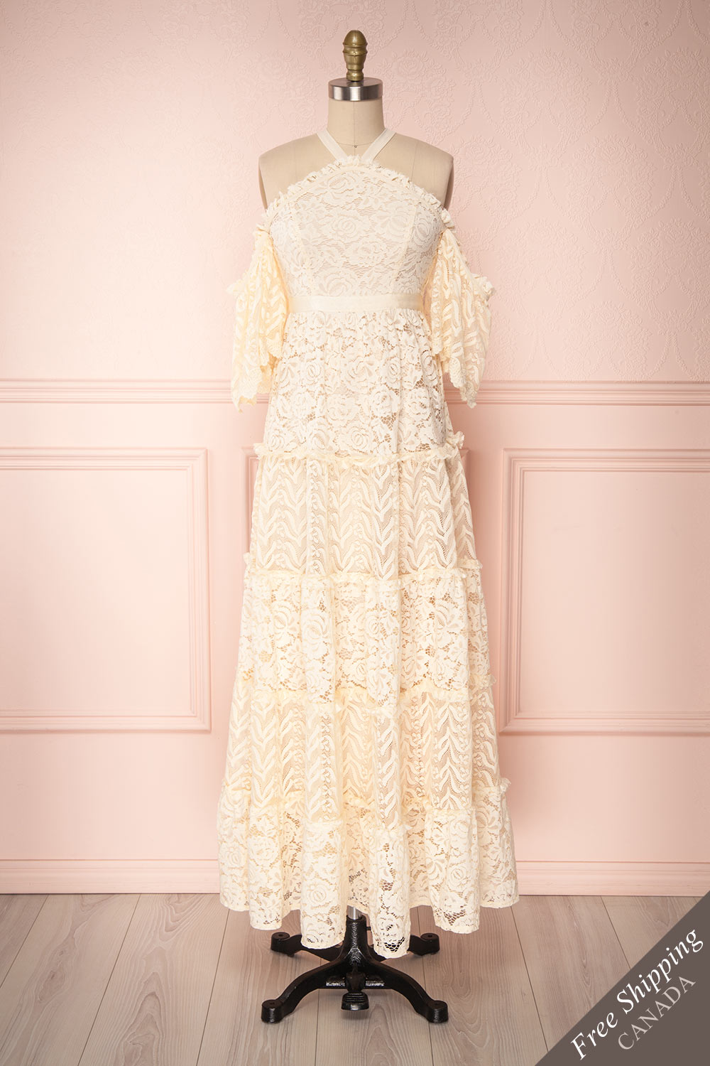 Shinshiro Cream Lace Ruffled Off-Shoulder Dress | Dress Boutique 1861