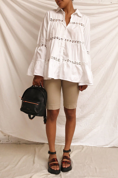 Tasmin White Oversized Openwork Shirt | Boutique 1861 on model