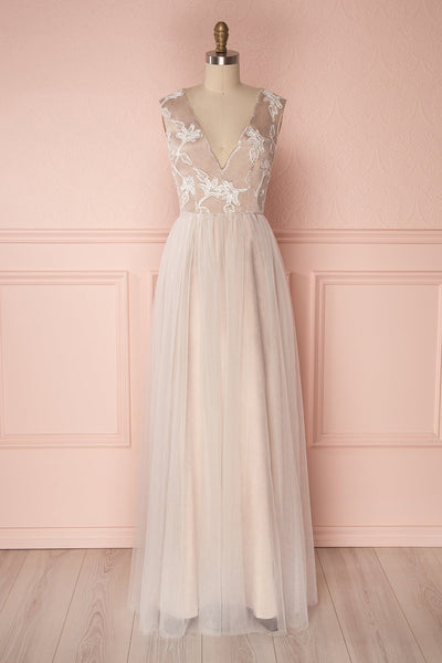 Shuko Beige & White Gown with Tulle & Floral Embroidery | Boudoir 1861