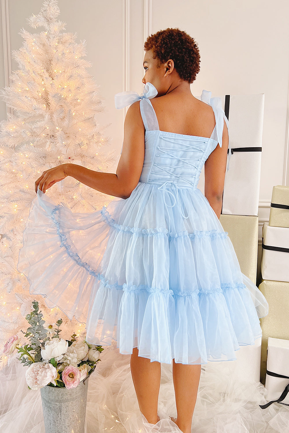 Siena Tiered Blue Tulle Midi Dress | Boutique 1861 on model
