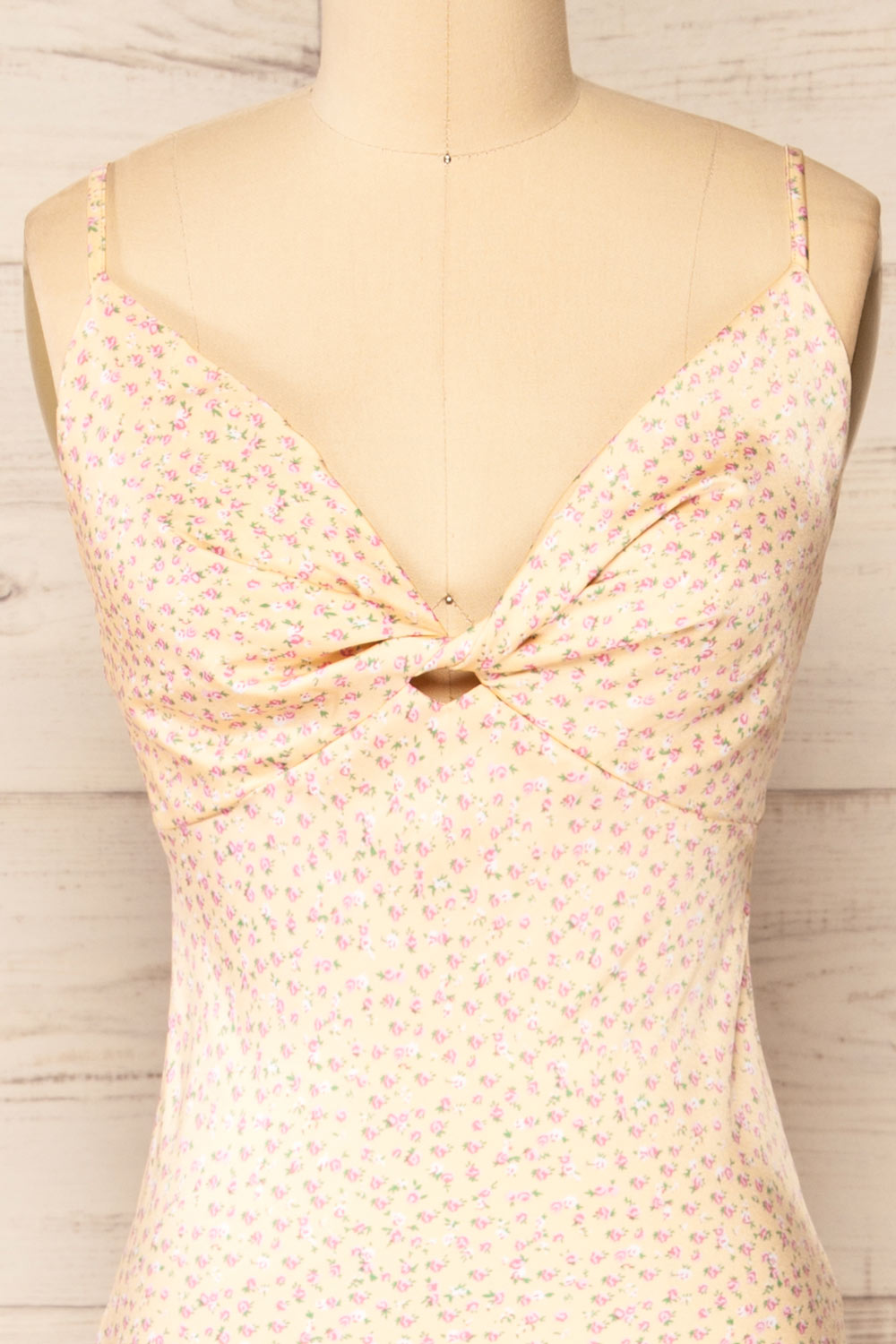 Sigtu Yellow Floral Satin Dress w/ Thin Straps | La petite garçonne front close-up