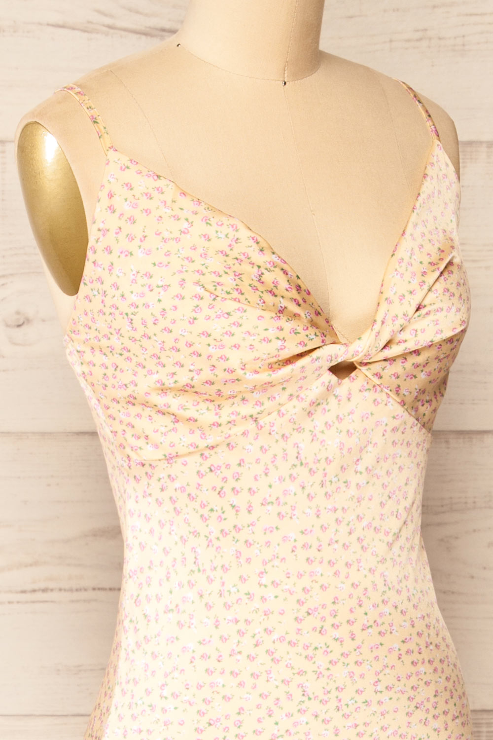 Sigtu Yellow Floral Satin Dress w/ Thin Straps | La petite garçonne side close-up