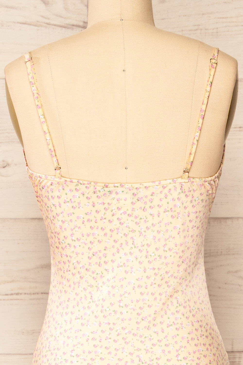 Sigtu Yellow Floral Satin Dress w/ Thin Straps | La petite garçonne back close-up