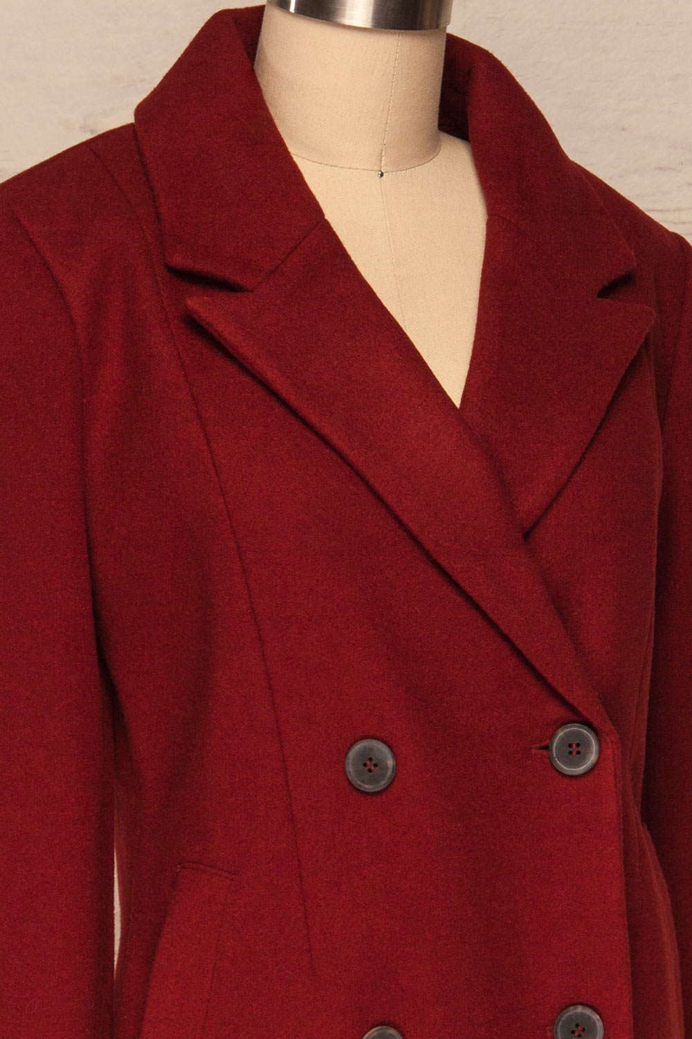 Silkeborg Burgundy Double Breasted Felt Coat | La Petite Garçonne side close-up