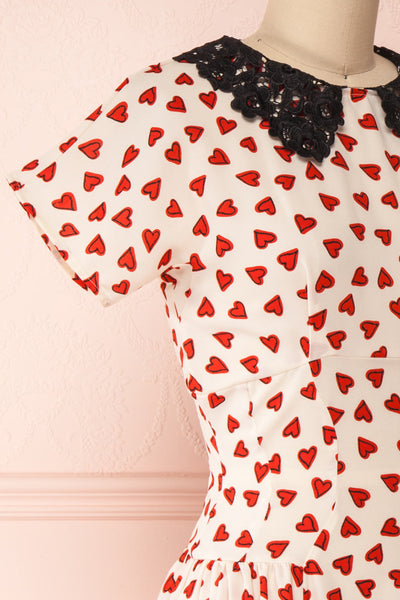 Simonette Ivory Red Heart Pattern Midi Dress | Boutique 1861 side close-up