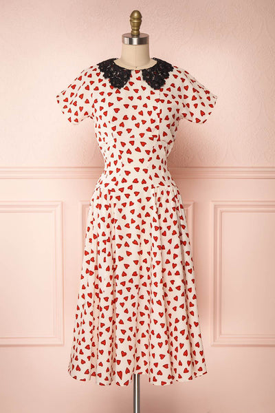 Simonette Ivory Red Heart Pattern Midi Dress | Boutique 1861