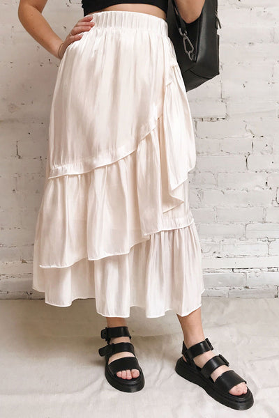 Venelle Ivory Mid-Length Skirt w/ Frills | Boutique 1861 model close up