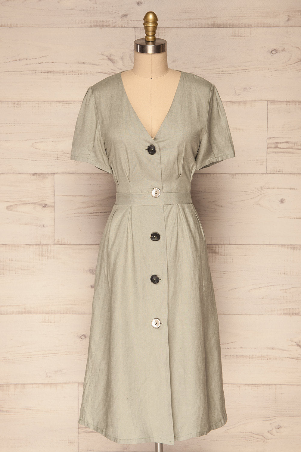 Smyrni Sage Green Linen Button-Up Flare Dress | La Petite Garçonne