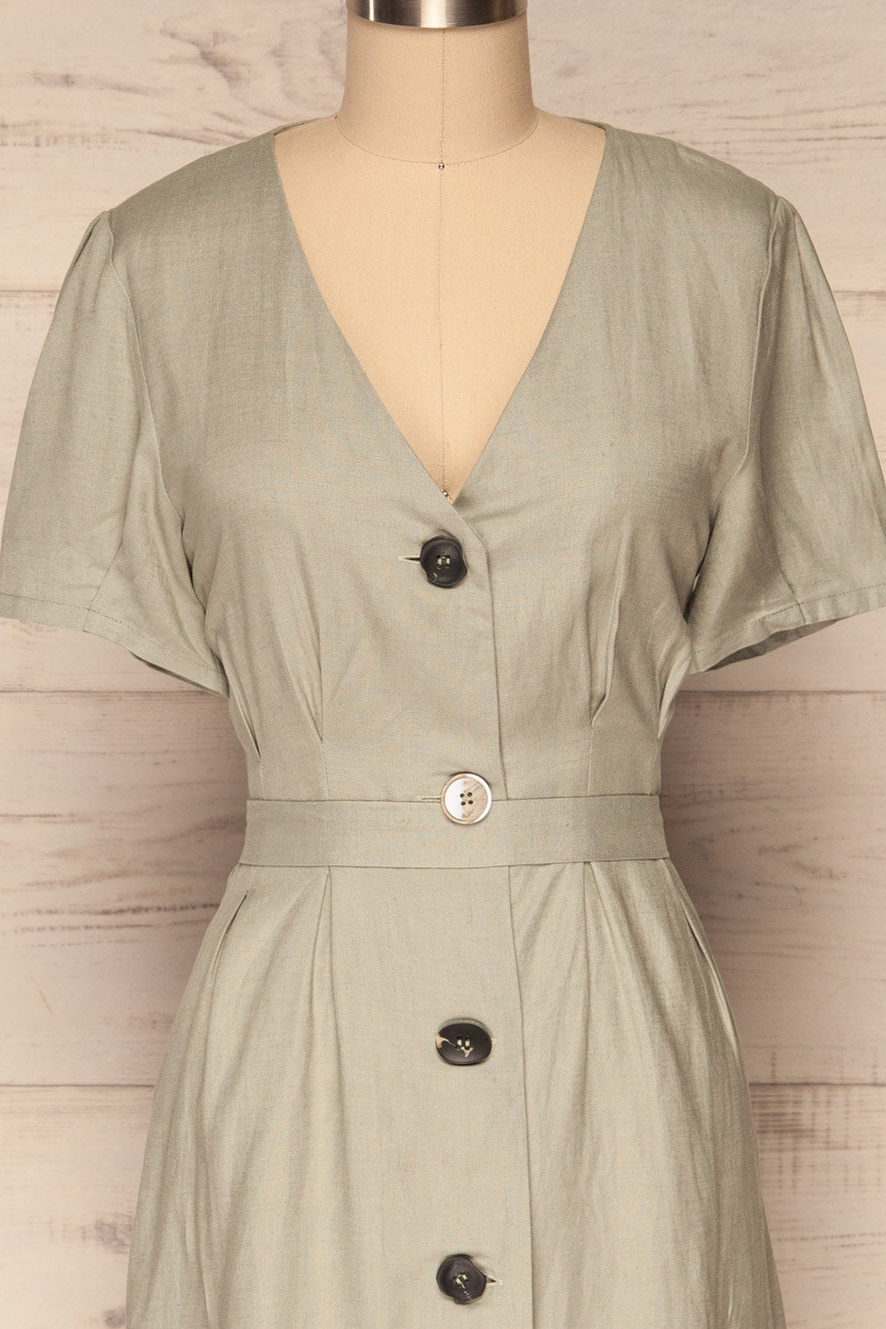 Smyrni Sage Green Linen Button-Up Flare Dress | La Petite Garçonne