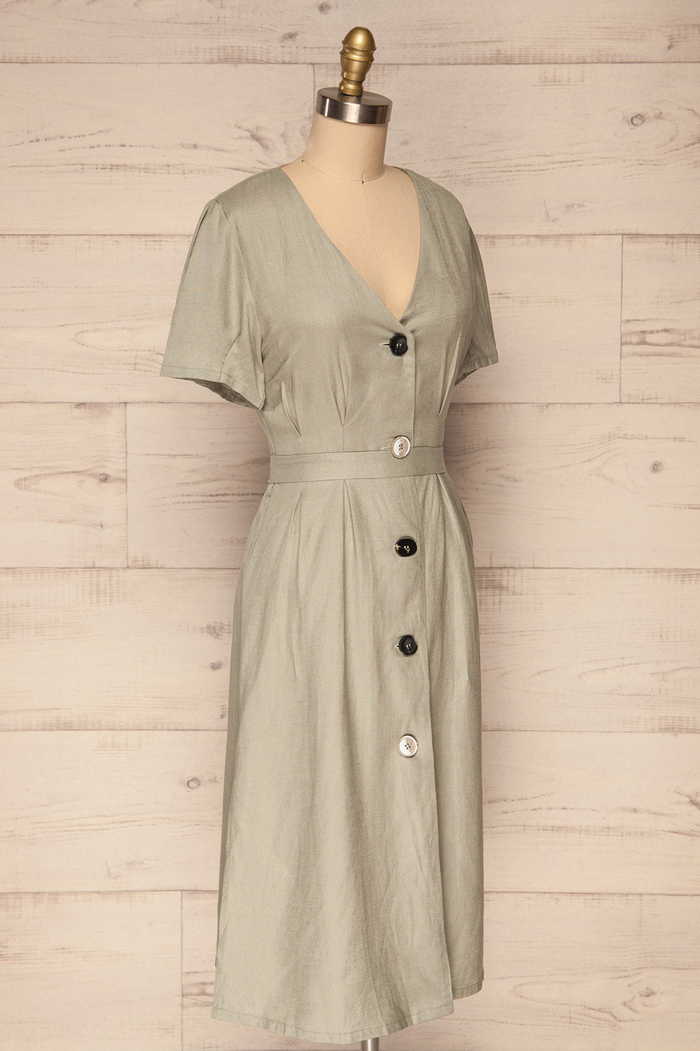 Smyrni Sage Green Linen Button-Up Flare Dress | La Petite Garçonne