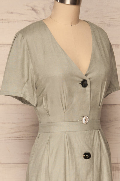 Smyrni Sage Green Linen Button-Up Flare Dress | La Petite Garçonne