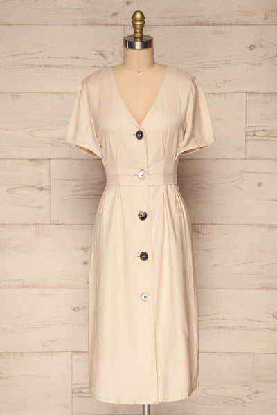 Smyrni Sand Beige Linen Button-Up Flare Dress | La Petite Garçonne