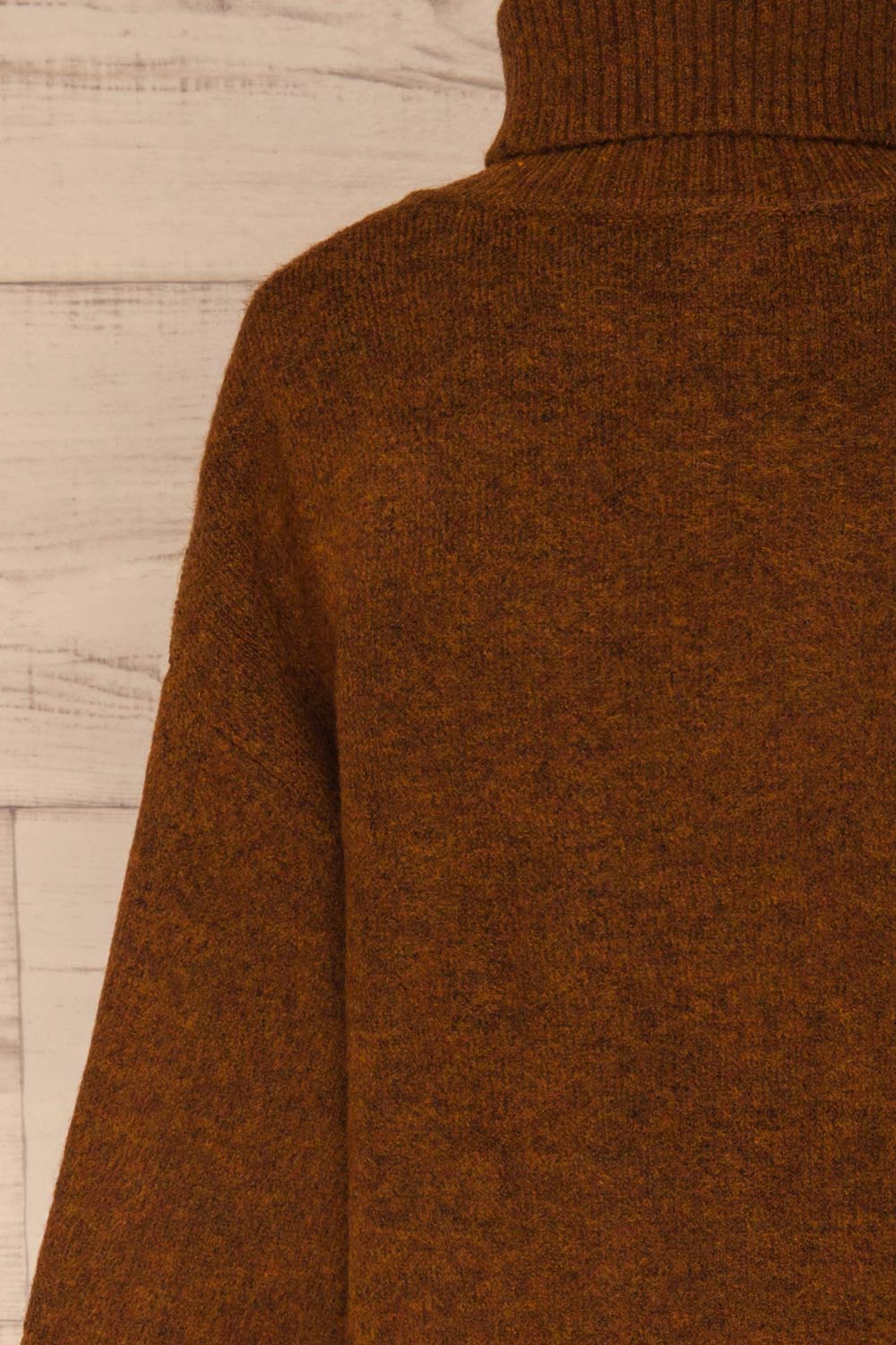 Sochi Brown Turtleneck Knit Sweater | La petite garçonne  back close-up