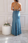 Sonia Blue Grey Backless Mermaid Maxi Dress w/ Slit | Boutique 1861  back model