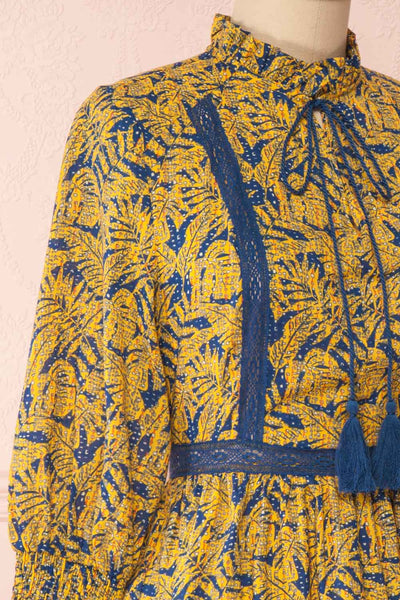 Sophronia Yellow & Blue Summer Short Dress | Boutique 1861 side close-up
