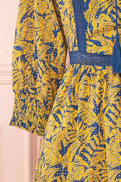 Sophronia Yellow & Blue Summer Short Dress | Boutique 1861 sleeve