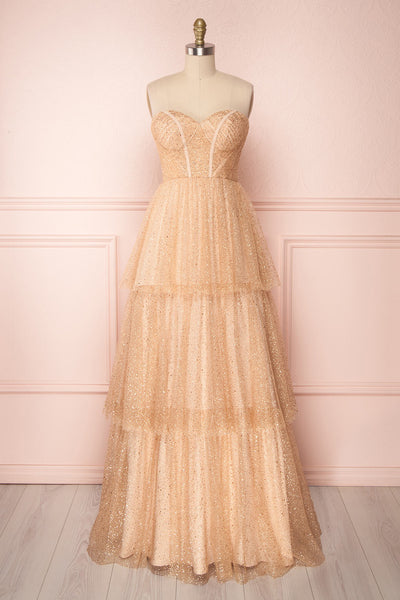 Soumeya Gold Tulle Layered A-Line Maxi Bustier Dress | Boutique 1861 front view