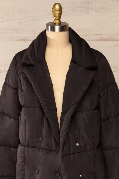 Spoleto Black Long Quilted Coat | La petite garçonne open close-up