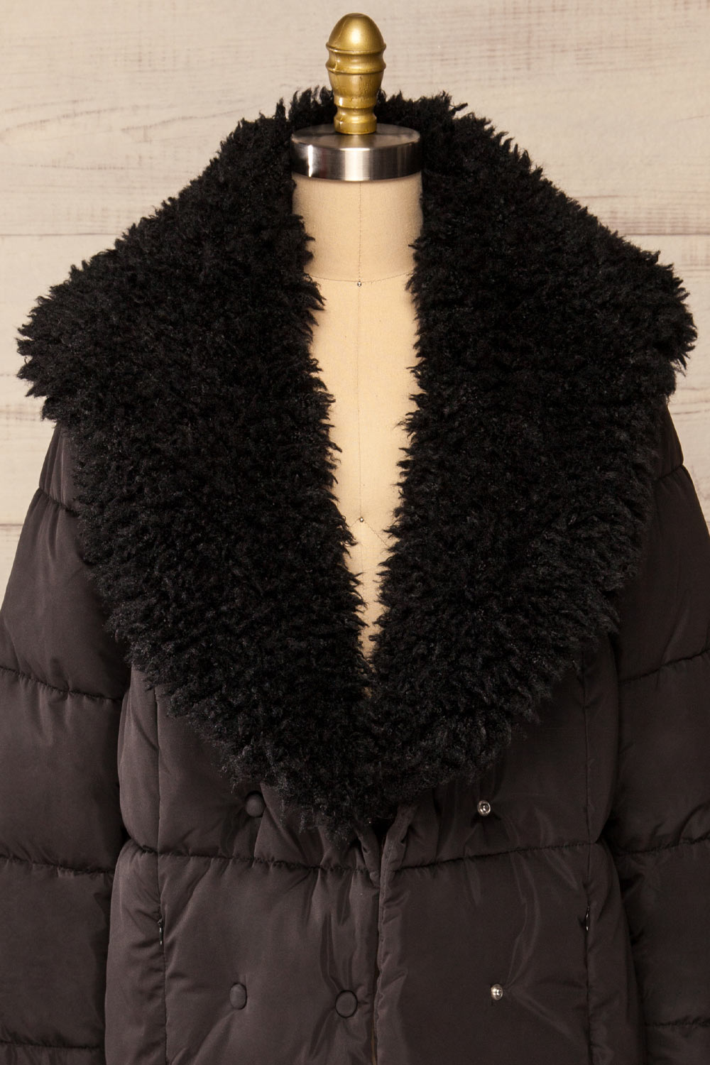 Spoleto Black Long Quilted Coat | La petite garçonne open fur close-up