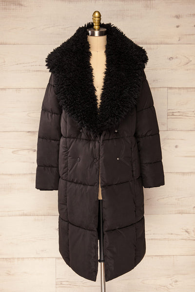 Spoleto Black Long Quilted Coat | La petite garçonne open fur view