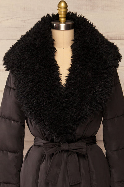Spoleto Black Long Quilted Coat | La petite garçonne front close-up
