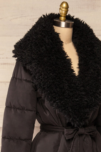 Spoleto Black Long Quilted Coat | La petite garçonne side close-up