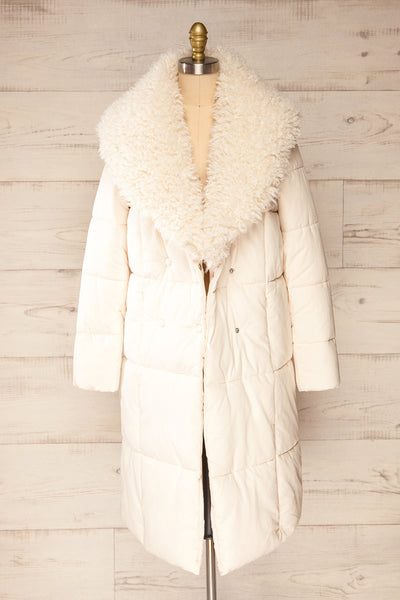 Spoleto Ivory Long Quilted Coat | La petite garçonne open fur view