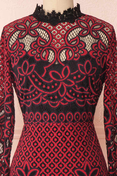 Stenia Red & Black Lace Fitted Dress | Boutique 1861 front close-up