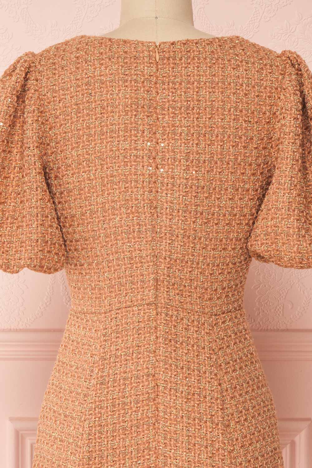 Stephim Salmon & Gold Tweed A-Line Midi Dress | Boutique 1861 back close-up