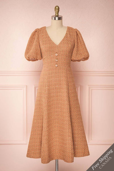 Stephim Salmon & Gold Tweed A-Line Midi Dress | Boutique 1861