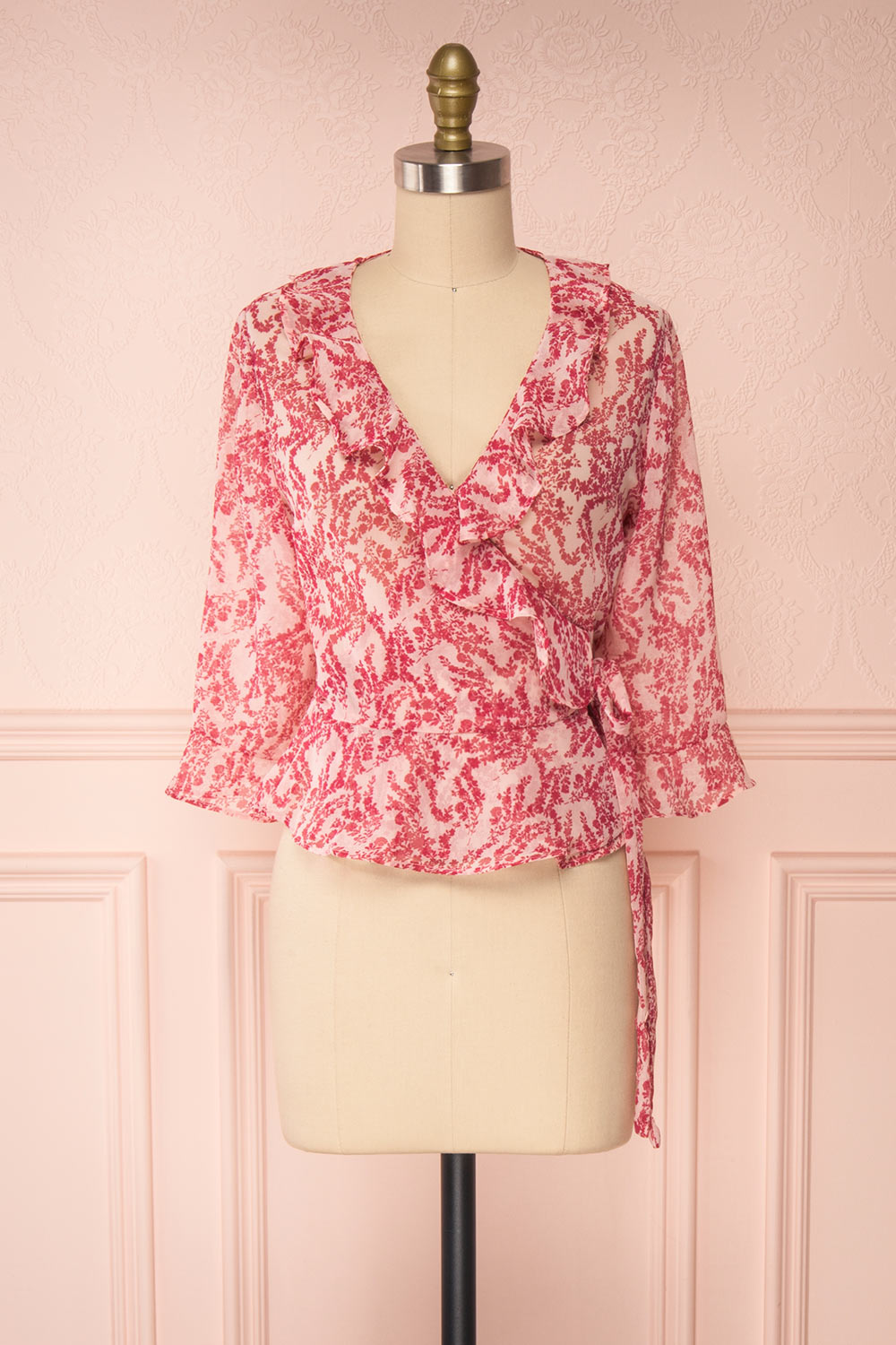 Steren Pink Floral Translucent Blouse w/ Frills | Boutique 1861 front view 